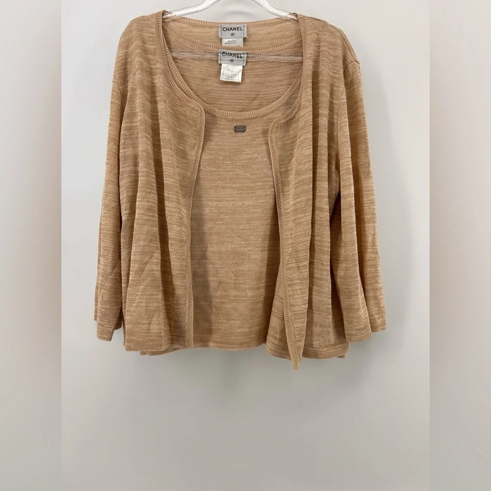 CHANEL Cardigan Twin Set 99P Beige Size 46 Tank Size 50 Cardigan Cotton